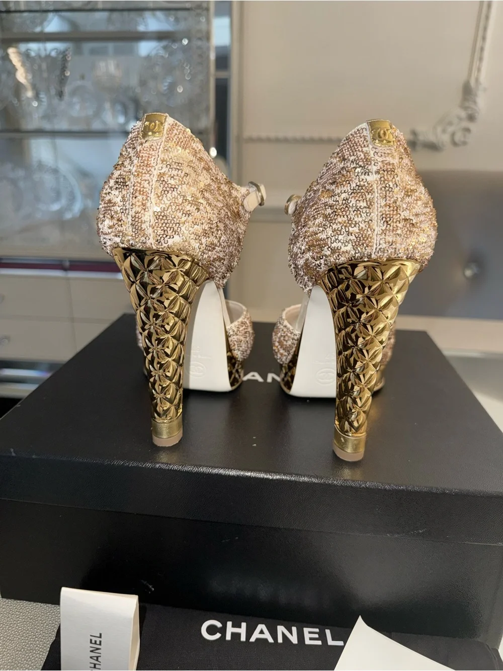 CHANEL Gold and Cream Sequin Tweed Quilted-Platform Peep-Toe Heels